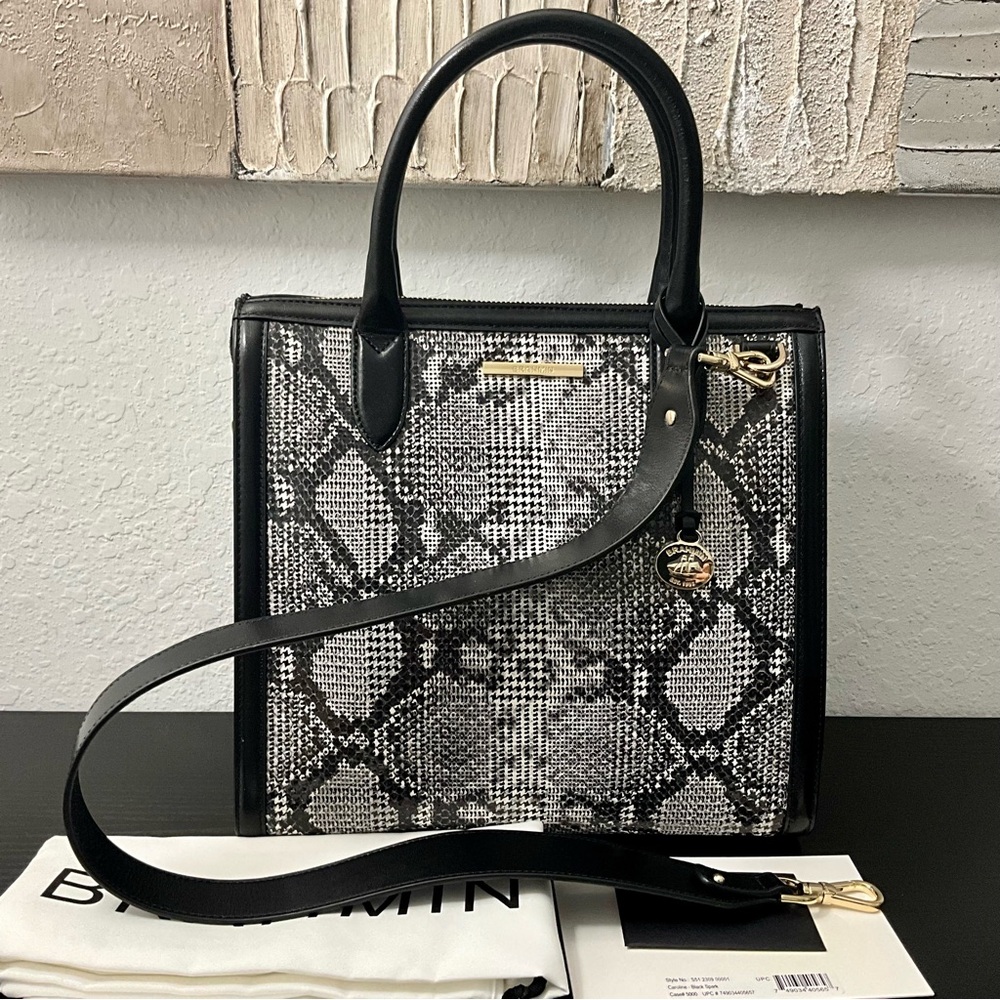 Brahmin Caroline BLACK SPARK Leather Satchel Shoulder Bag HOUNDSTOOTH PATTERN